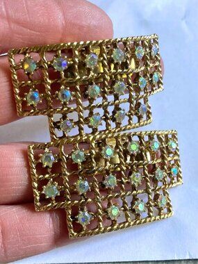 Musi Vintage shoe clips AB Rhinestone on Yellow Gold Plate 2"